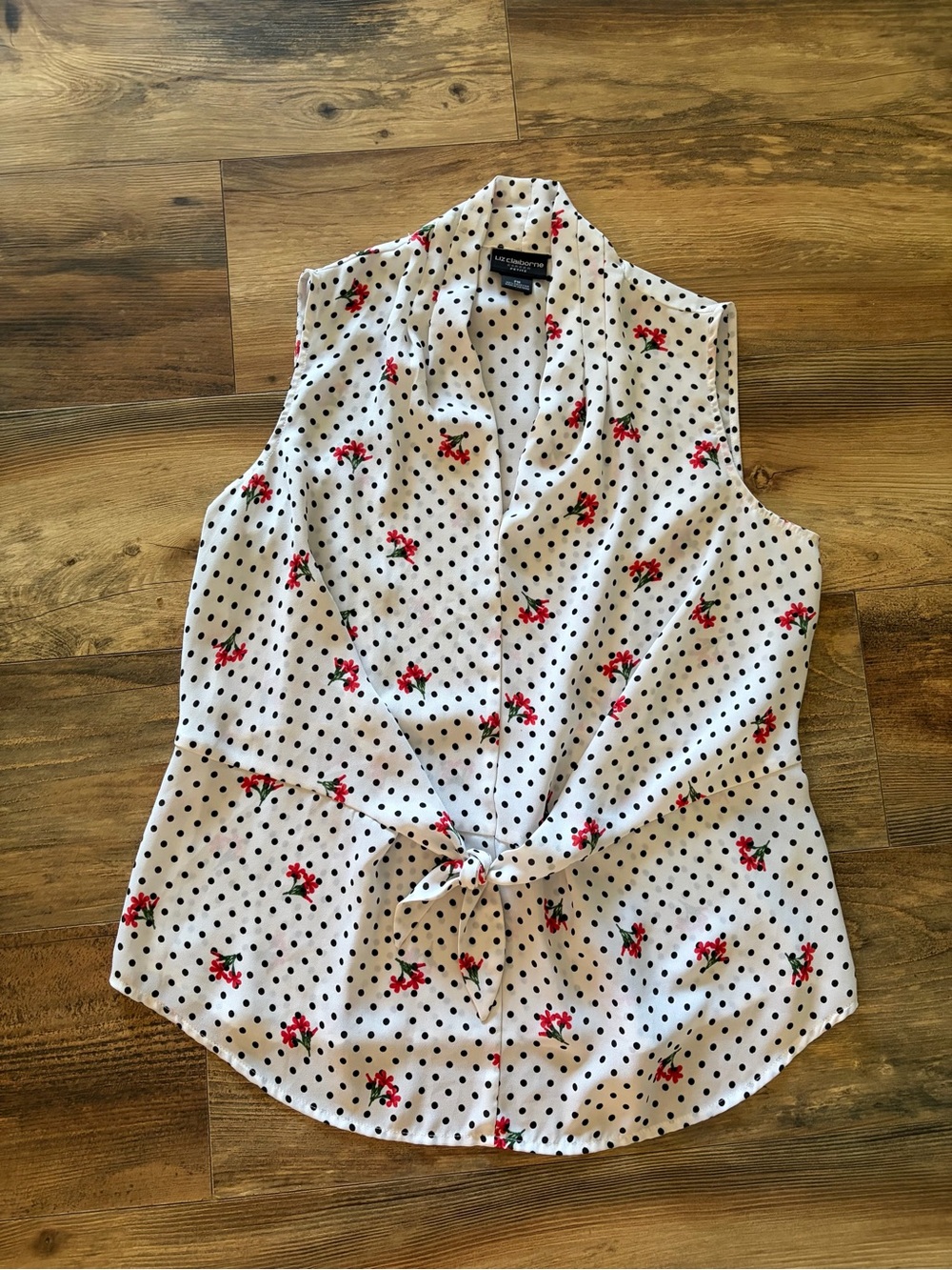 Liz Claiborne White Polka Dot Sleeveless Blouse with Red Floral Accents